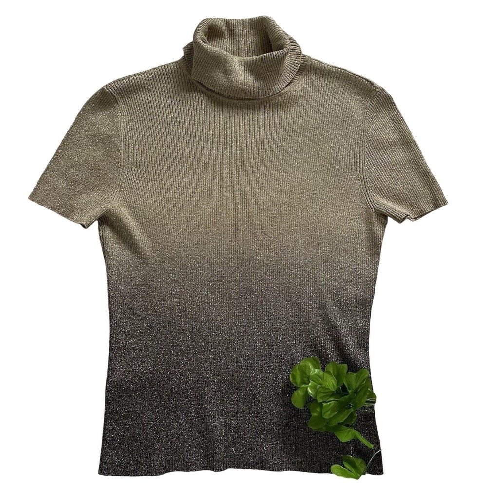 Nygard Women's Sz L Brown Shimmery Turtleneck Short Sleeve Knit Sweater Top - Picture 3 of 9